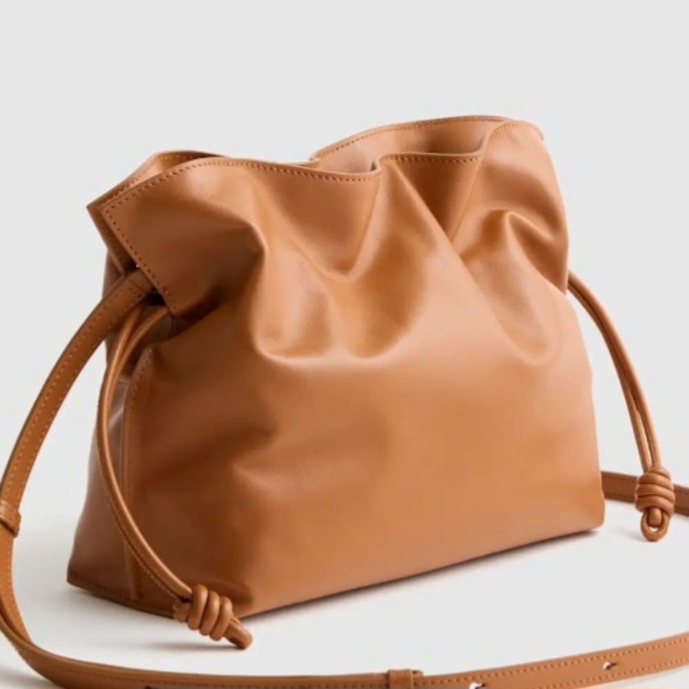 Vegan Leather Flamenco Style Drawstrings Tan Crossbody Bag